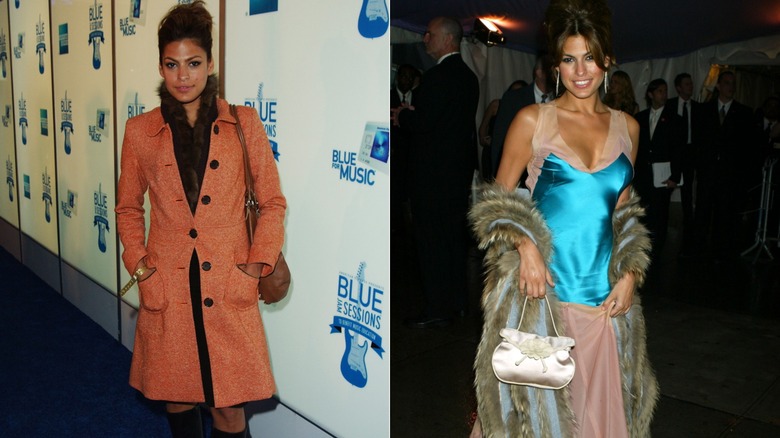 Eva Mendes dans un manteau orange et un haut noir avec une bordure en fourrure en 2003 à gauche et en 2004 portant un haut bleu soyeux avec une bordure en fourrure à droite.
