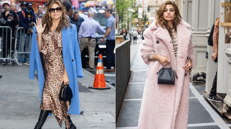 Eva Mendes dans une robe soyeuse à imprimé léopard avec un manteau bleu à gauche et portant un long manteau rose moelleux à droite.