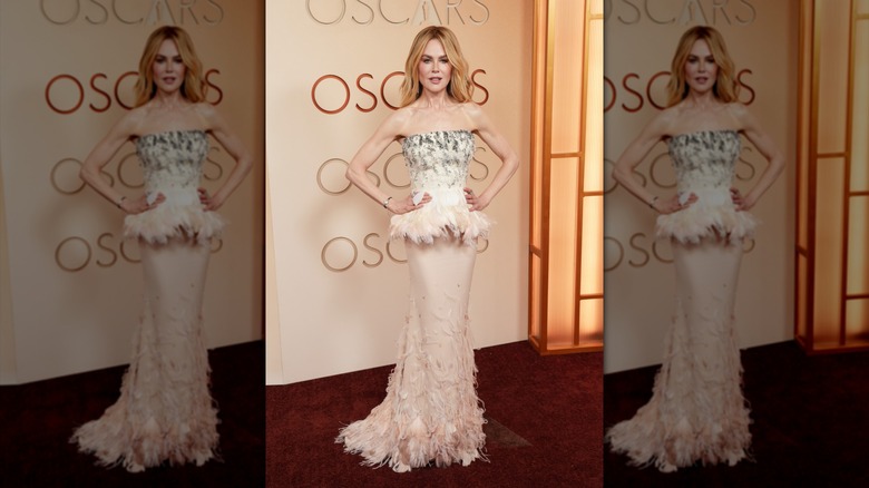 Nicole Kidman dans une robe bustier blush à plumes