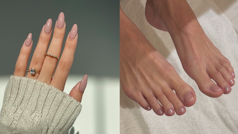 Une manucure mauve illustrée à gauche et une pédicure mauve illustrée à droite