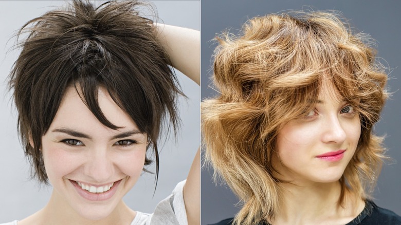 Une femme aux cheveux foncés portant une coupe de cheveux courte et courageuse (L) et une femme aux cheveux bruns portant une coupe de cheveux courte et courageuse