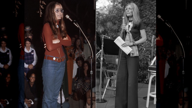 Gloria Steinem lors d'une collecte de fonds et d'un rassemblement pour la candidate au Sénat de l'État de Californie Catherine O'Neill à Los Angeles en octobre 1972 / Gloria Steinem lors d'un événement d'amendement pour l'égalité des droits au domicile de Marlo Thomas à Beverly Hills en 1979