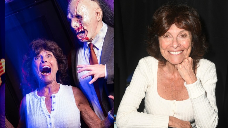 Adrienne Barbeau posant et faisant semblant de crier à côté d'un animateur d'une comédie d'horreur à gauche, et posant avec son menton à la main portant un pull blanc à droite.
