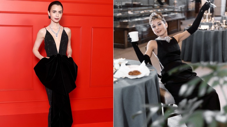 Lily Collins en robe noire en 2025 et Audrey Hepburn en 1961