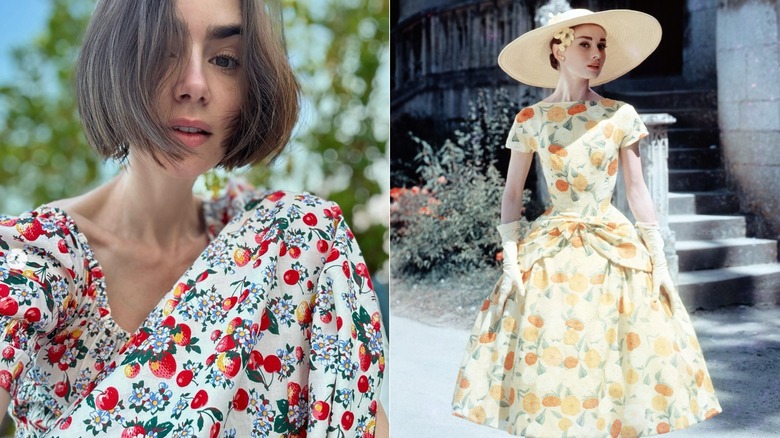 Lily Collins en robe à fleurs en 2025 et Audrey Hepburn en 1955