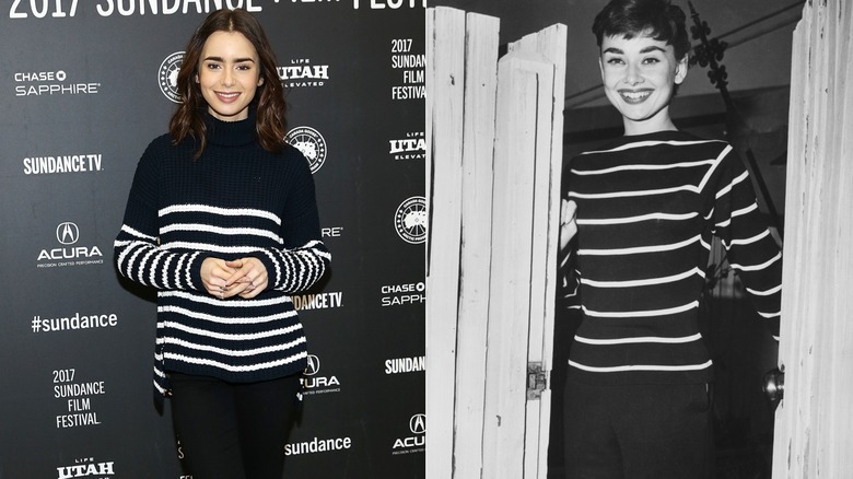 Lily Collins en pull rayé en 2017 et Audrey Hepburn en 1955