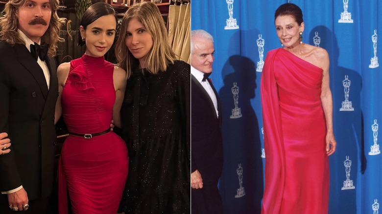 Lily Collins en robe rouge en 2025 et Audrey Hepburn en 1992