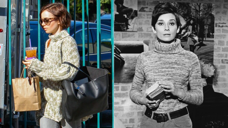 Lily Collins en col roulé en tricot en 2016 et Audrey Hepburn en 1967