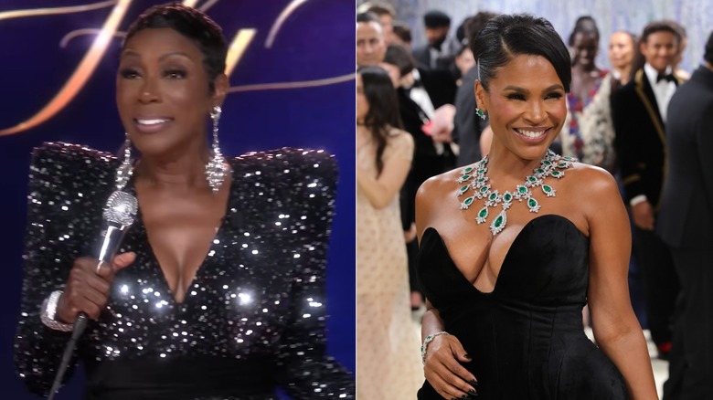Sommore fait du stand-up dans une tenue pailletée et des boucles d'oreilles assorties à côté d'une photo de Nia Long au Met Gala dans une robe noire décolletée avec un grand collier élaboré.