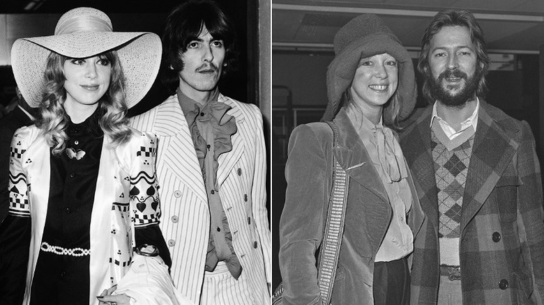 Pattie Boyd avec George Harrison en 1968 à gauche et avec Eric Clapton en 1975 à droite.