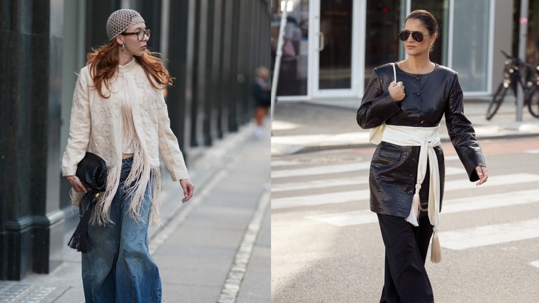 Une femme portant un foulard à franges blanc à gauche et une femme portant une ceinture foulard à franges à droite