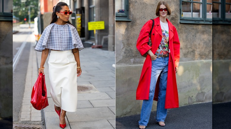 Krizza Elisabeth porte une cape courte en tartan, une jupe midi crème et des accessoires rouges lors de la Fashion Week d'Oslo Runway en septembre 2026 / Marianne Theodorsen porte un T-shirt graphique, un trench rouge, un jean en denim et des accessoires à imprimé animal lors de la Fashion Week d'Oslo en septembre 2026