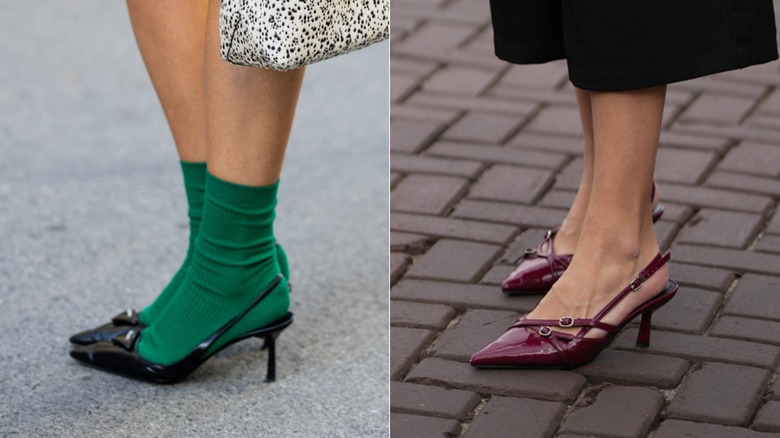 Une paire d'escarpins à bride arrière noirs avec des chaussettes vertes lors de la Fashion Week d'Oslo en septembre 2026 / Une paire d'escarpins à bride arrière bordeaux lors de la Fashion Week d'Amsterdam en septembre 2026