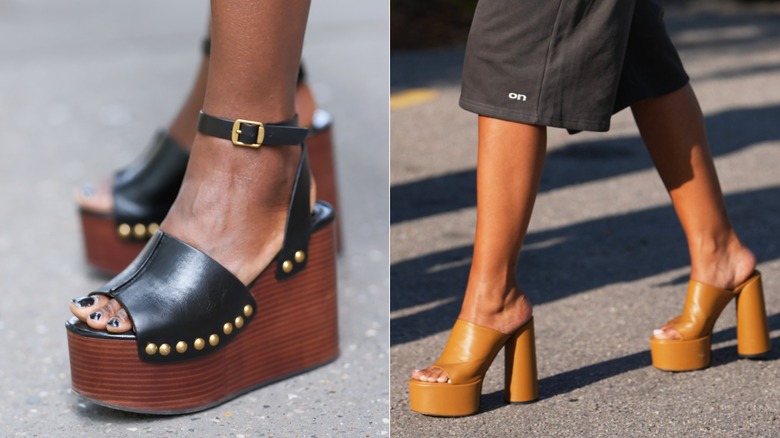 Une paire de sandales compensées à plateforme noires et marron à Paris en juillet 2026 / Une paire de sandales à plateforme à bout ouvert lors de la Fashion Week de Copenhague en août 2026