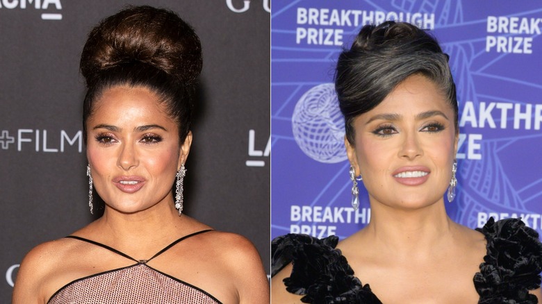 Salma Hayek avec des cheveux gris qui ressortent tout en portant un chignon