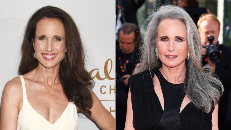 Andie MacDowell aux cheveux noirs en 2017 et aux cheveux gris en 2026