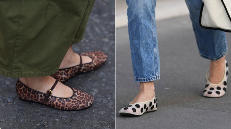Une femme portant un pantalon large vert et des ballerines à imprimé léopard avec une bride supérieure à gauche et une femme portant un jean et des ballerines à pois blancs et noirs à droite.