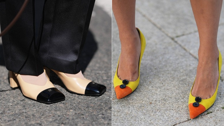Une femme portant un pantalon en satin noir et des talons blocs de couleur crème et noir à gauche et une femme portant des talons bicolores orange et jaune avec des boutons noirs à droite.