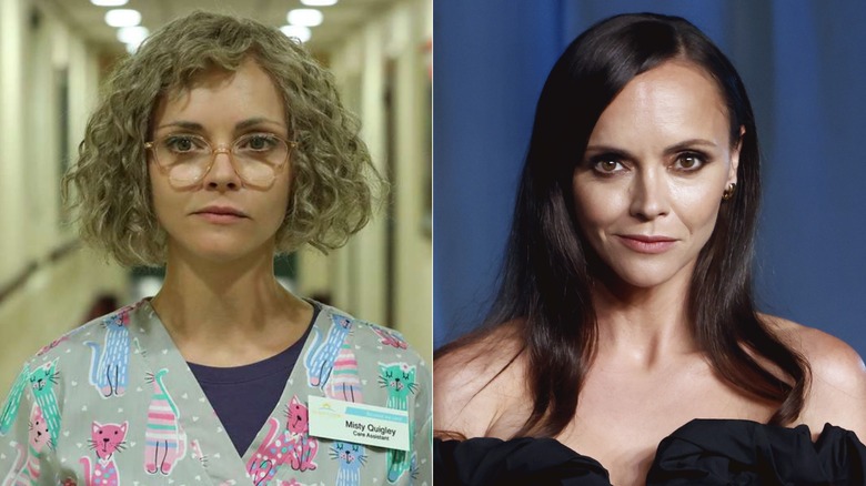 Photos côte à côte de Christina Ricci dans le rôle du personnage des Yellowjackets (à gauche) et d'elle-même sur le tapis rouge (à droite)