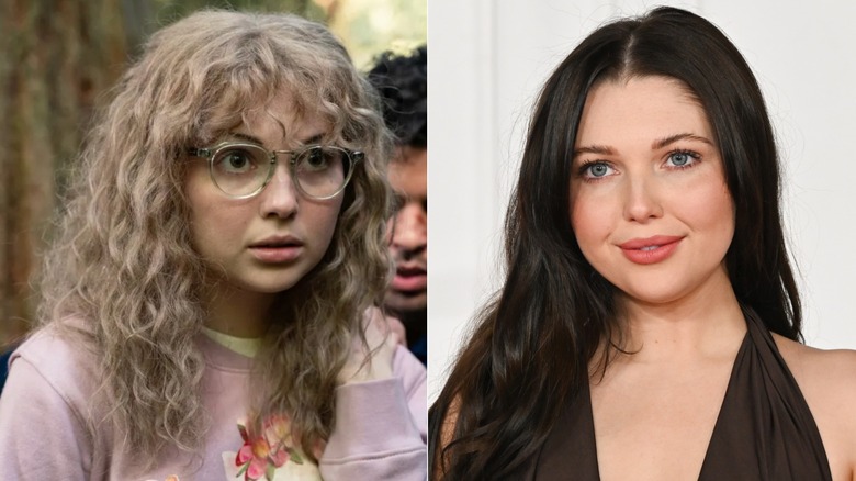 Photos côte à côte de Sammi Hanratty dans le rôle du personnage des Yellowjackets (à gauche) et d'elle-même sur le tapis rouge (à droite)