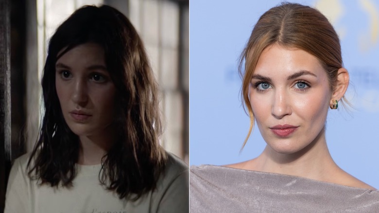 Photos côte à côte de Sophie Nélisse dans le rôle de son personnage des Yellowjackets (à gauche) et d'elle-même sur le tapis rouge (à droite)