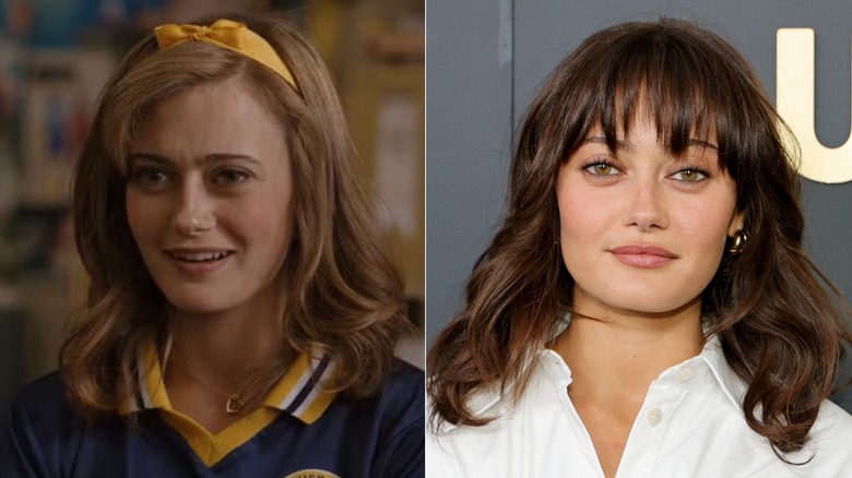 Photos côte à côte d'Ella Purnell dans le rôle de son personnage des Yellowjackets (à gauche) et d'elle-même sur le tapis rouge (à droite)