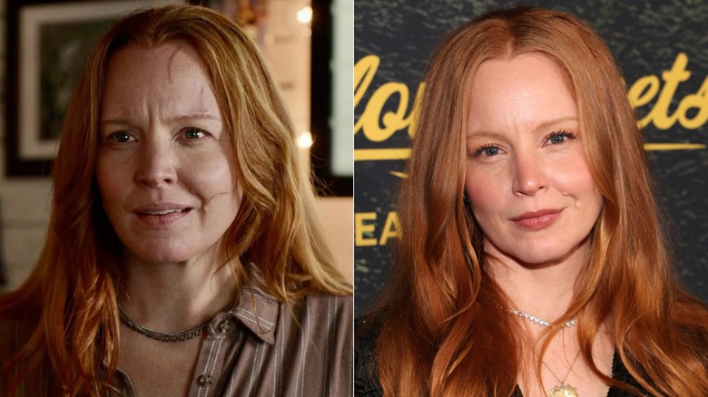 Photos côte à côte de Lauren Ambrose dans le rôle de son personnage des Yellowjackets (à gauche) et d'elle-même sur le tapis rouge (à droite)