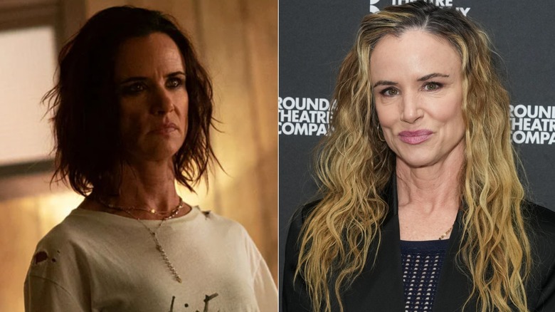 Photos côte à côte de Juliette Lewis dans le rôle de son personnage des Yellowjackets (à gauche) et d'elle-même sur le tapis rouge (à droite)