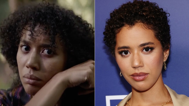 Photos côte à côte de Jasmin Savoy Brown dans le rôle de son personnage des Yellowjackets (à gauche) et d'elle-même sur le tapis rouge (à droite)