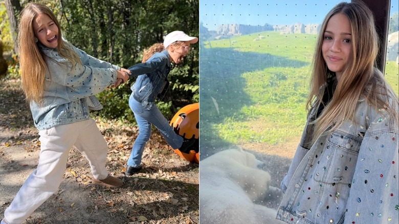 Photos côte à côte de Skywalker Hughes montrant sa veste en jean ornée de bijoux