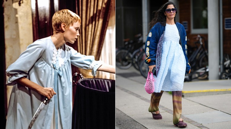 Côte à côte : Mia Farrow dans "Le bébé de Romarin" et une femme portant une chemise de nuit bleue