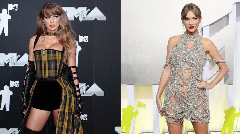 Taylor Swift porte un look à carreaux aux VMA 2024 à gauche et photographiée portant une robe en cristal aux VMA 2022 à droite
