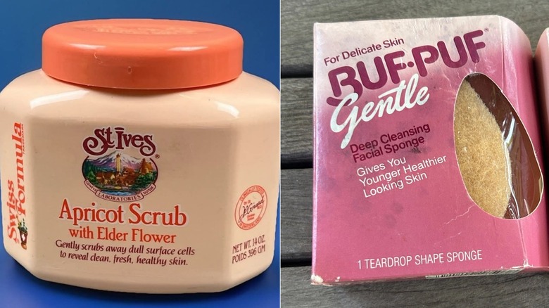 Un pot de gommage St. Ives des années 1980 (L) et un paquet d'éponge faciale buf-puf des années 1980 (R)