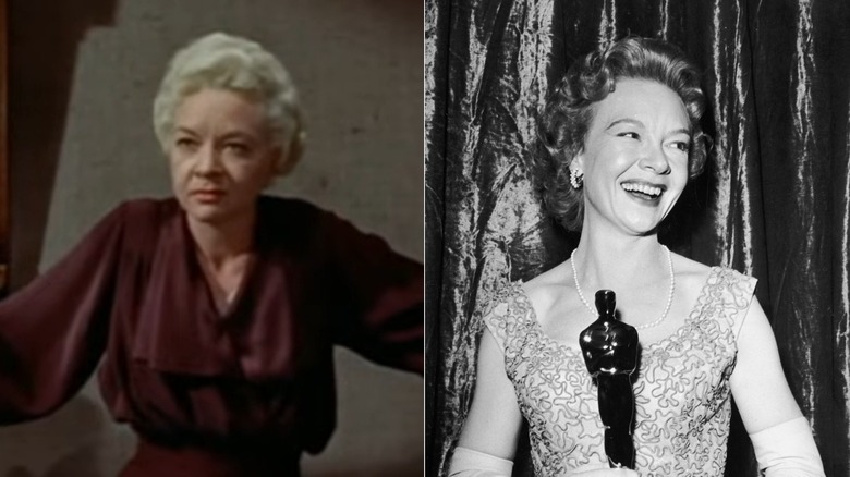 Jo Van Fleet dans le rôle de Kate dans East of Eden de 1955 (à gauche) et Jo Van Fleet dans la vraie vie recevant un prix (à droite)