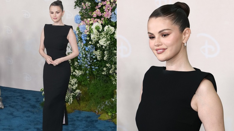 Selena Gomez portant une robe noire Thom Browne lors de l'événement Disney Upfront 2025