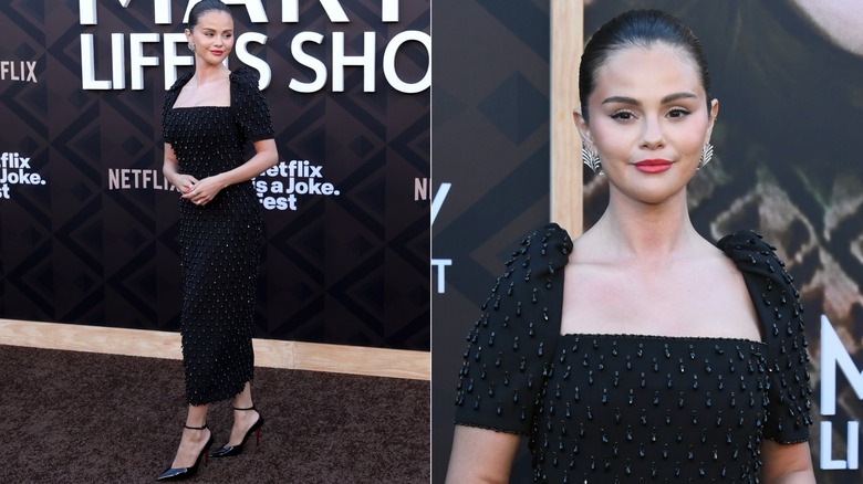 Selena Gomez porte une robe noire perlée Carolina Herrera à la première de 