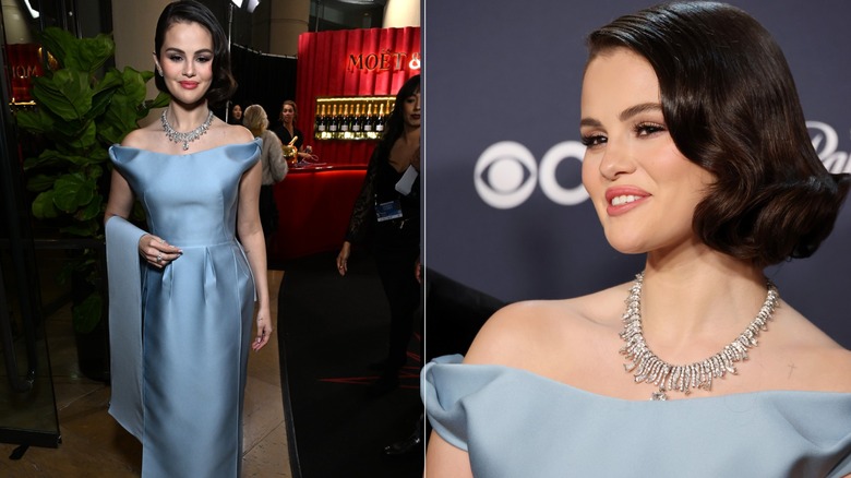 Selena Gomez portant une robe bleue Prada aux Golden Globes 2025