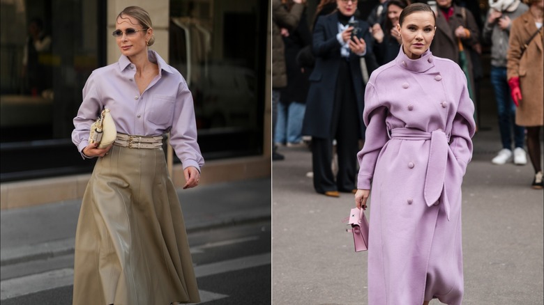 Iryna Thater porte une chemise boutonnée lavande et une jupe midi taupe lors de la Fashion Week de Paris en septembre 2026 / Une invitée porte un caban croisé violet lavande lors de la Fashion Week de Paris en mars 2024