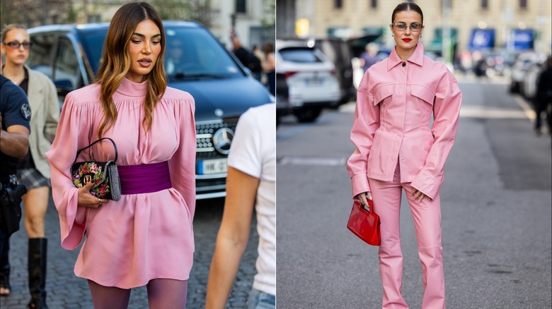 Negin Mirsalehi porte une robe tunique rose rosé à col montant avec ceinture violette lors de la Fashion Week de Paris en octobre 2026 / Nina Sandbech porte une veste et un pantalon rose rosé lors de la Fashion Week de Milan en février 2025