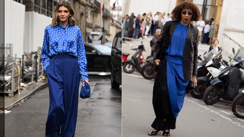Alisa Volskaya portant une blouse bleue et blanche et un pantalon bleu princesse lors de la Fashion Week de Paris en septembre 2026 / Karen Blanchard portant une robe longue noire et bleu cobalt et une veste texturée noire lors de la Fashion Week de Paris en octobre 2026