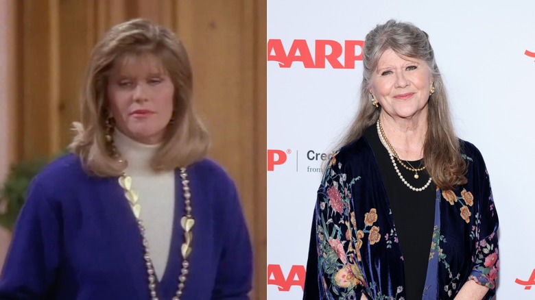 Une jeune Judith Ivey portant un col roulé blanc et un cardigan violet / Une Judith Ivey plus âgée portant un châle fleuri