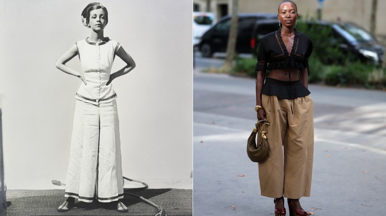 Une femme dans les années 1930 et en 2026 portant un pantalon large
