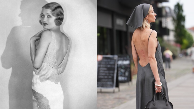Une femme dans les années 30 et en 2026 portant une robe dos nu