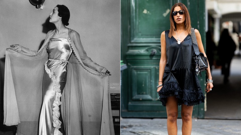 Une femme dans les années 30 et en 2026 portant des robes en satin