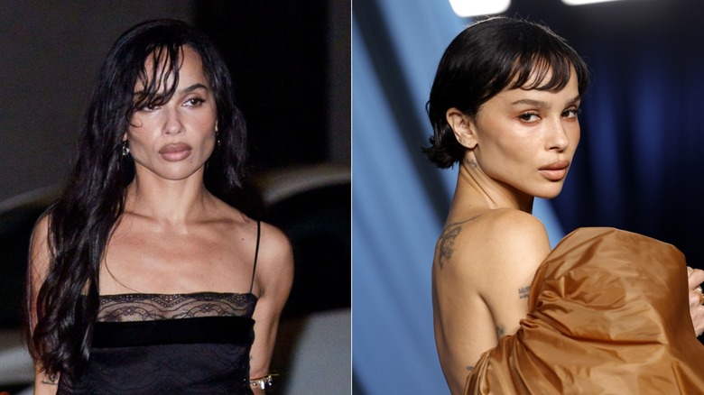 Zoë Kravitz avec des cheveux longs et un micro carré avec une micro frange