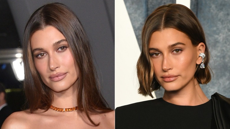 Hailey Bieber avec des cheveux longs et un carré ébouriffé