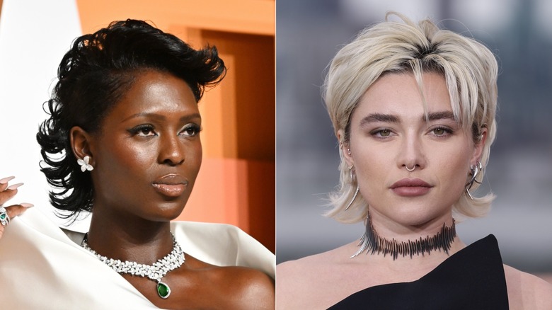 Jodie Turner-Smith avec une coupe courte de bixie portant une robe blanche à gauche et Florence Pugh en noir avec une coupe courte de bixie blonde à droite.