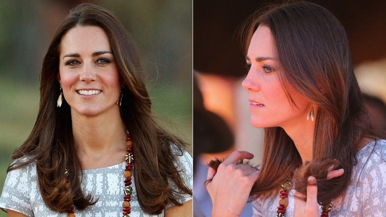 Kate Middleton avec cheveux raides et frange en rideau en avril 2014