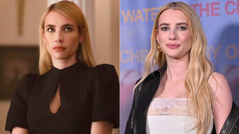Photos côte à côte d'Emma Roberts dans son personnage sur AHS (à gauche) et dans son propre rôle sur le tapis rouge (à droite)