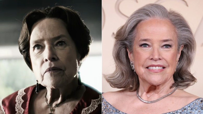 Photos côte à côte de Kathy Bates dans son personnage sur AHS (à gauche) et dans son propre rôle sur le tapis rouge (à droite)